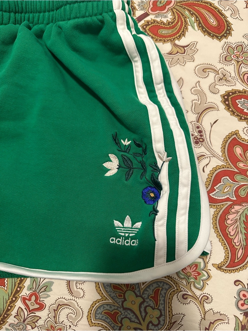 adidas Green Athletic Shorts with White Stripes and Floral Embroidery - Picture 3 of 3